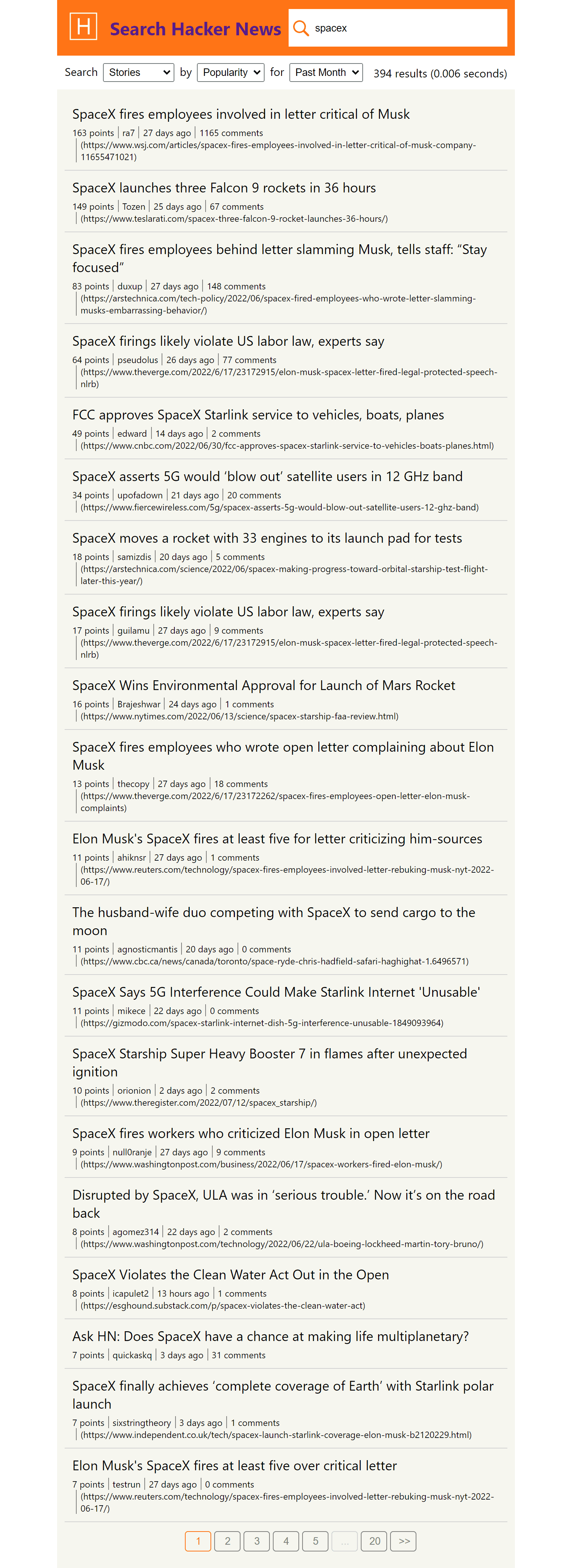Hacker News Search desktop layout